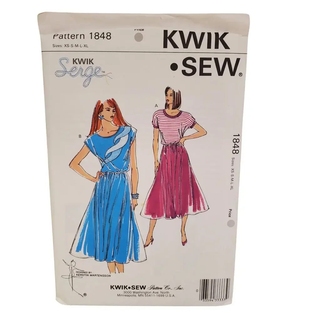 Vintage Pull Over Dress KWIK SEW Sewing Pattern 1848 UNCUT Size XS-XL Kwik Serge